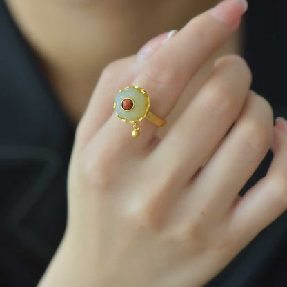 925 Silver Inlaid White Hetian Nephrite "Lotus for Fortune Turning" Ring