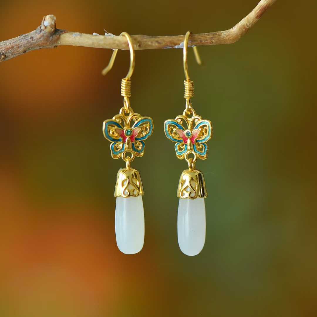 925 Silver Inlaid Hetian Nephrite Long Drop Butterfly Earrings