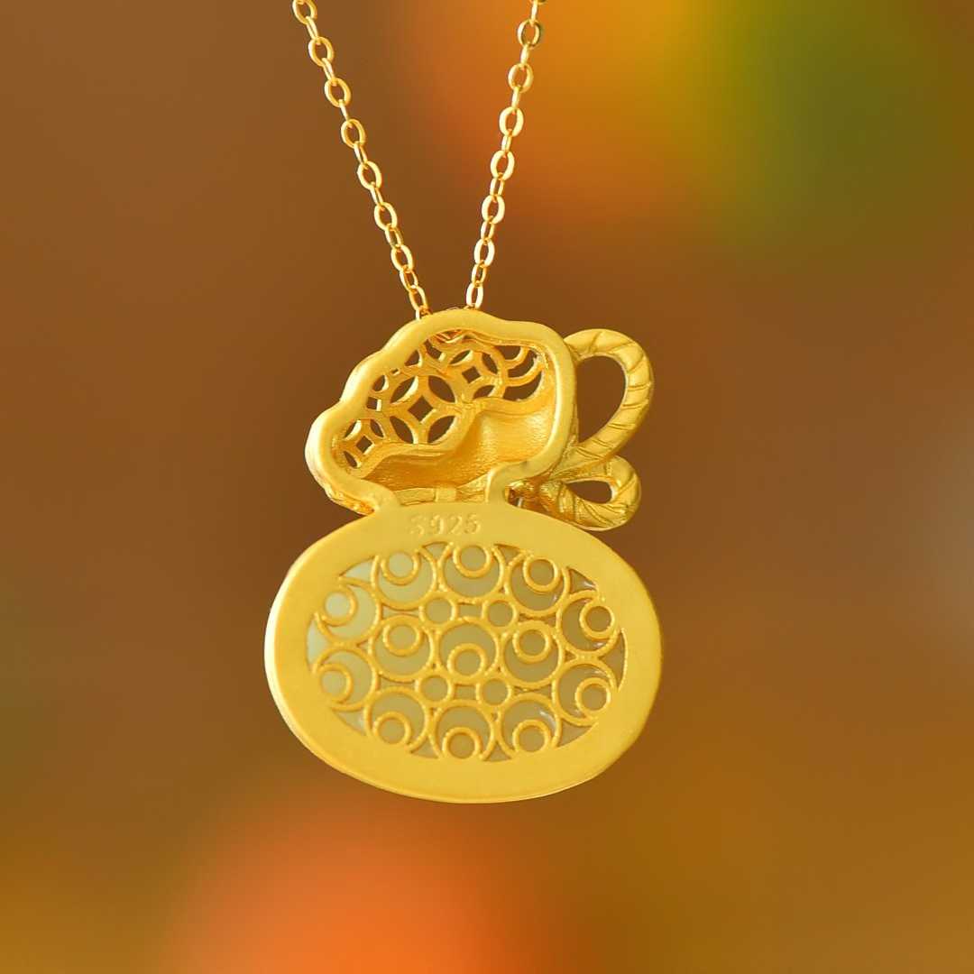 925 Silver-Inlaid Hetian Jade Enamel Pendant with "Money Bag for Wealth" & "Water for Fortune Turnaround" Design