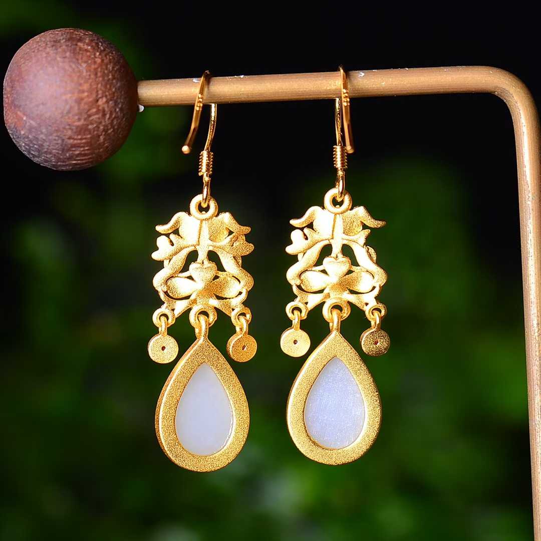 925 Silver Inlaid Hetian Jade Cabochon and Enamel Teardrop Earrings