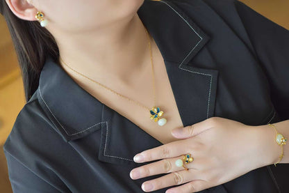 Ancient-Style Silver Inlaid Hetian Nephrite "Lotus & Annual Auspiciousness" Jewelry Set