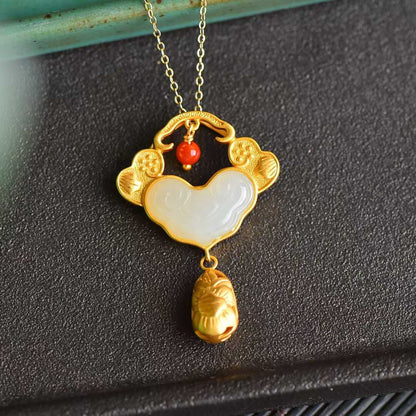 Vintage-Style Silver Inlaid Nephrite "Ruyi" and "Yingluo" Pendant