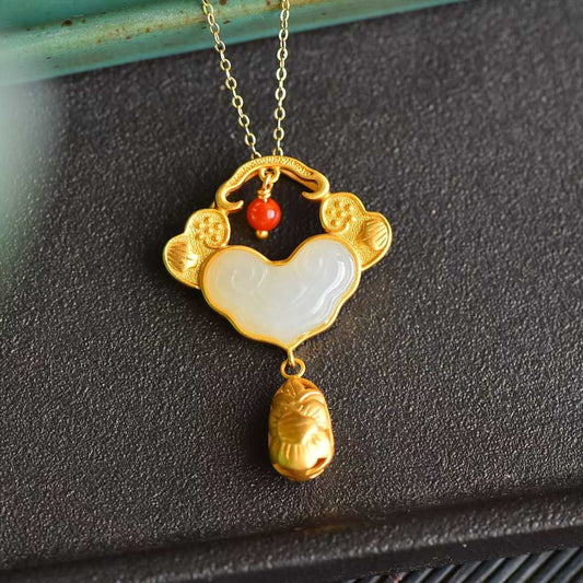 Vintage-Style Silver Inlaid Nephrite "Ruyi" and "Yingluo" Pendant