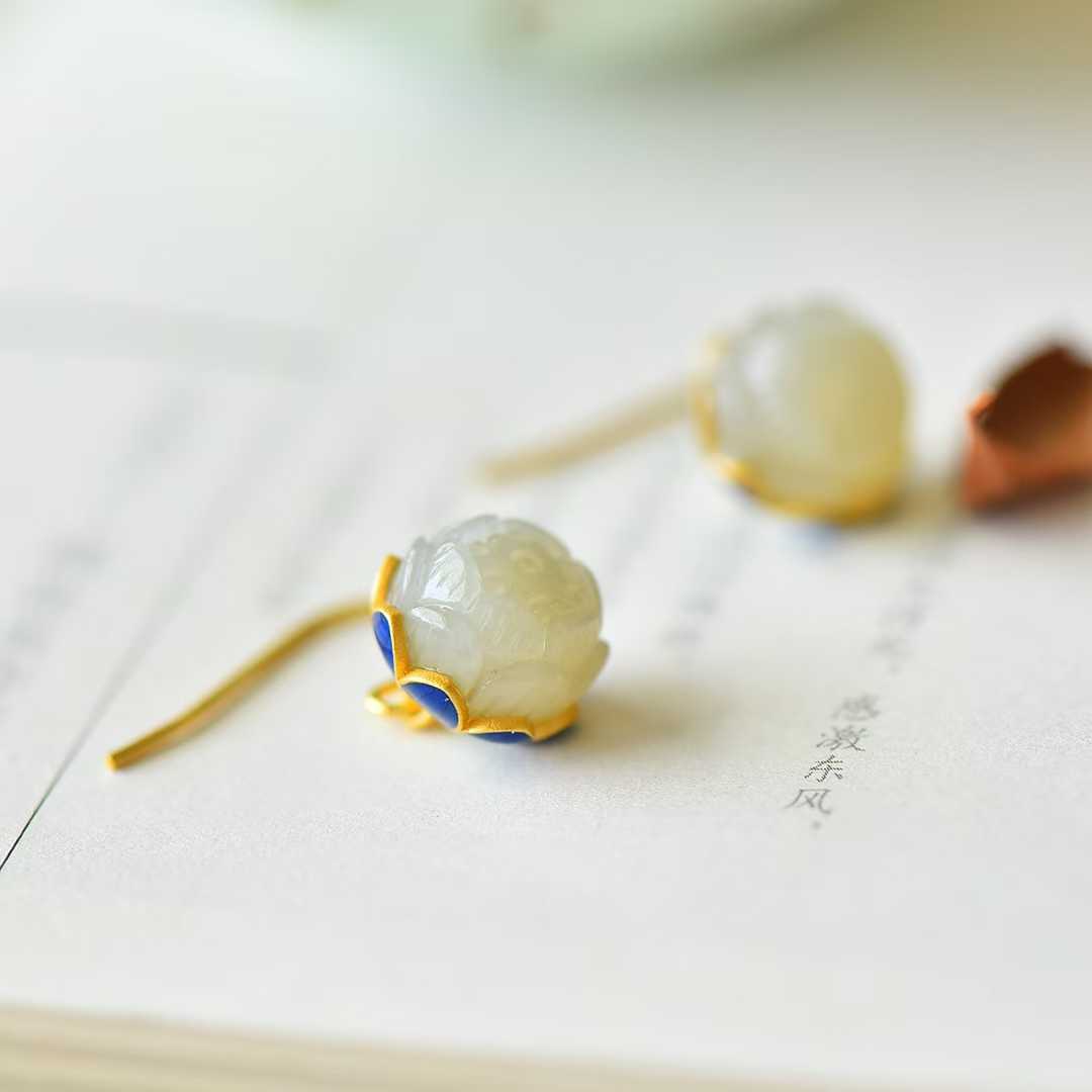 925 Silver Inlaid Hetian Nephrite "Lotus Bead" Earrings