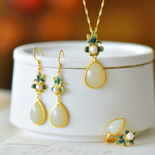 Vintage-Style Silver Inlaid Hetian Nephrite "Lush Orchid" Teardrop Jewelry Set
