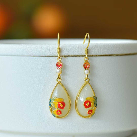 925 Silver Inlaid Nephrite "Falling Feathers" Teardrop Earrings