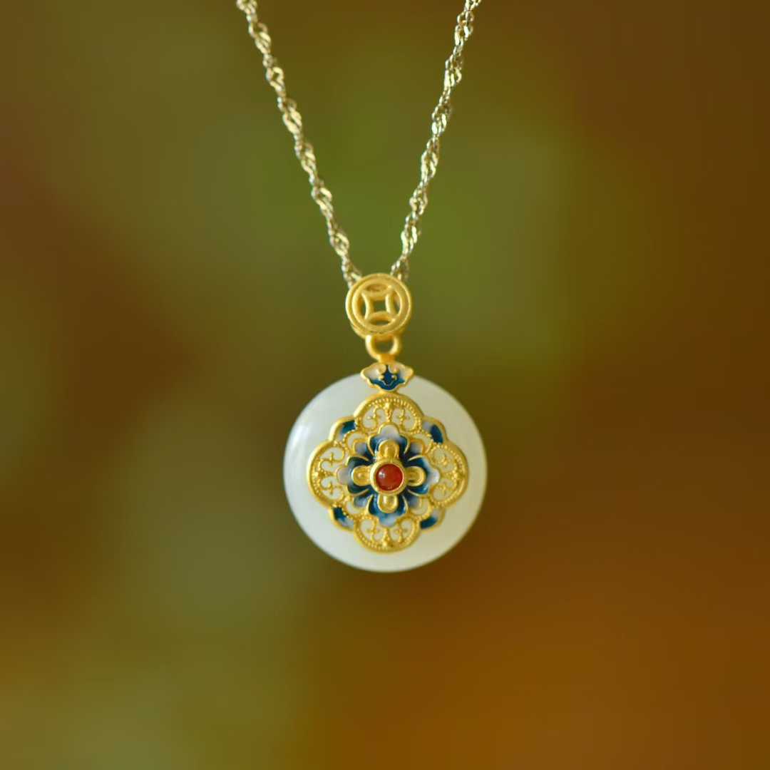 925 Silver Inlaid Hetian Nephrite "Blooming Prosperity & Peace Buckle" Jewelry Set