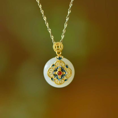 925 Silver Inlaid Hetian Nephrite "Blooming Prosperity & Peace Buckle" Jewelry Set