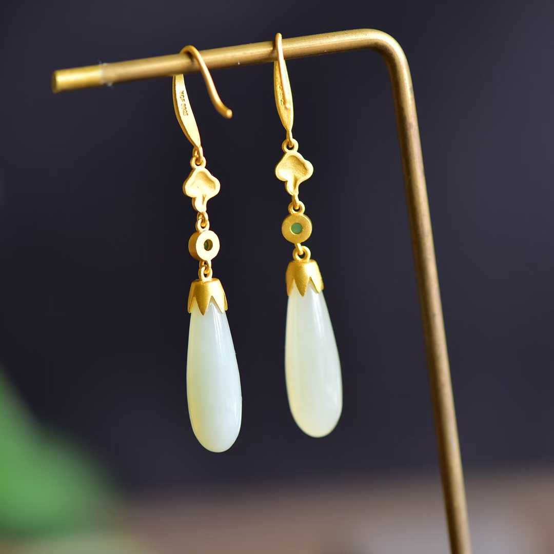 925 Silver Inlaid White Hetian Nephrite Long Drop Earrings