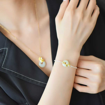 925 Silver Inlaid Hetian Nephrite "July Hollyhock (Twelve Flower Gods)" Jewelry Set