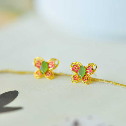 925 Silver Inlaid Hetian Nephrite "Dreamy Butterfly" Stud Earrings