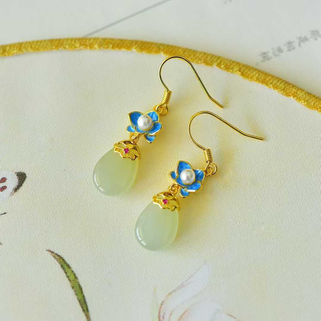 925 Silver Inlaid White Hetian Nephrite "Golden Breeze & Jade Dew" Orchid Stud Earrings