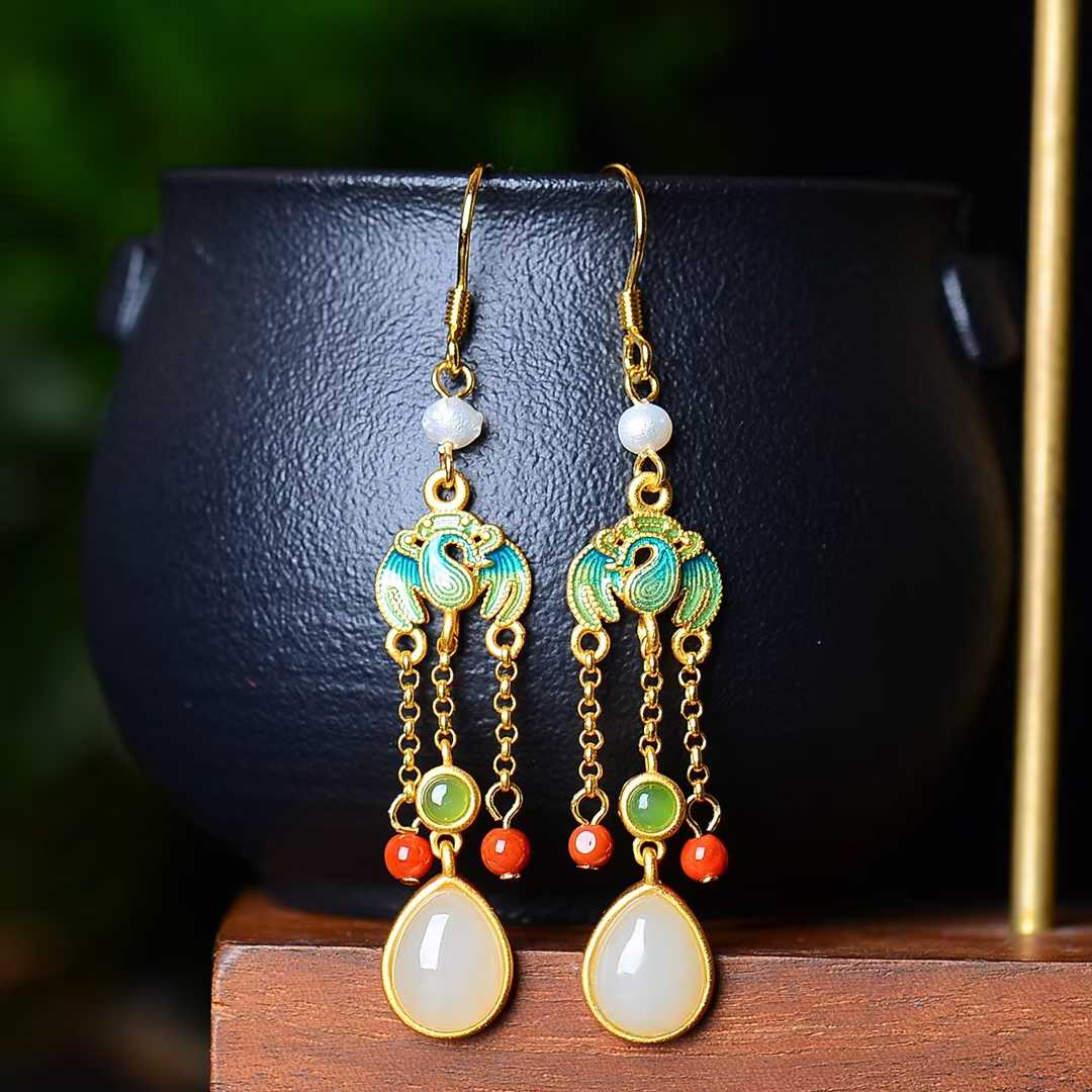925 Silver Inlaid Hetian Jade Teardrop Earrings