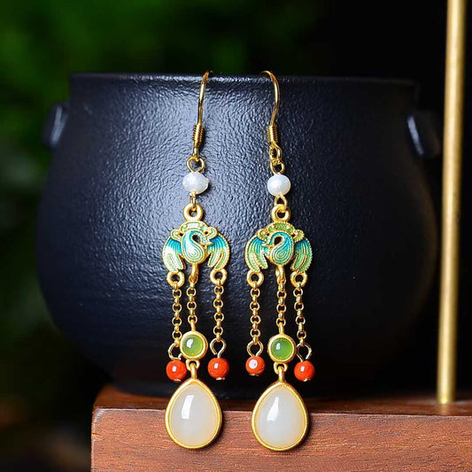 925 Silver Inlaid Hetian Jade Teardrop Earrings