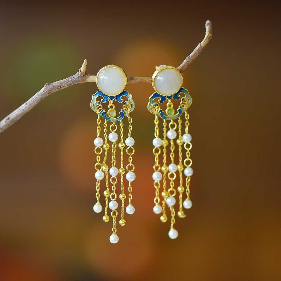 925 Silver Inlaid Hetian Nephrite "Auspicious Clouds Shining" Tassel Earrings