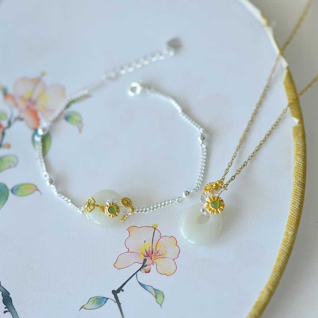 925 Silver Inlaid Hetian Nephrite "July Hollyhock (Twelve Flower Gods)" Jewelry Set