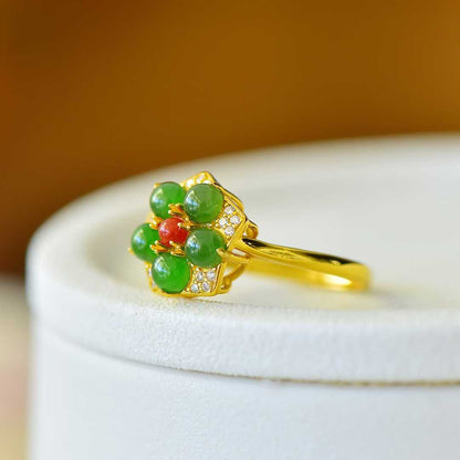925 Silver Inlaid Hetian Green Nephrite Five-Petal Flower Ring