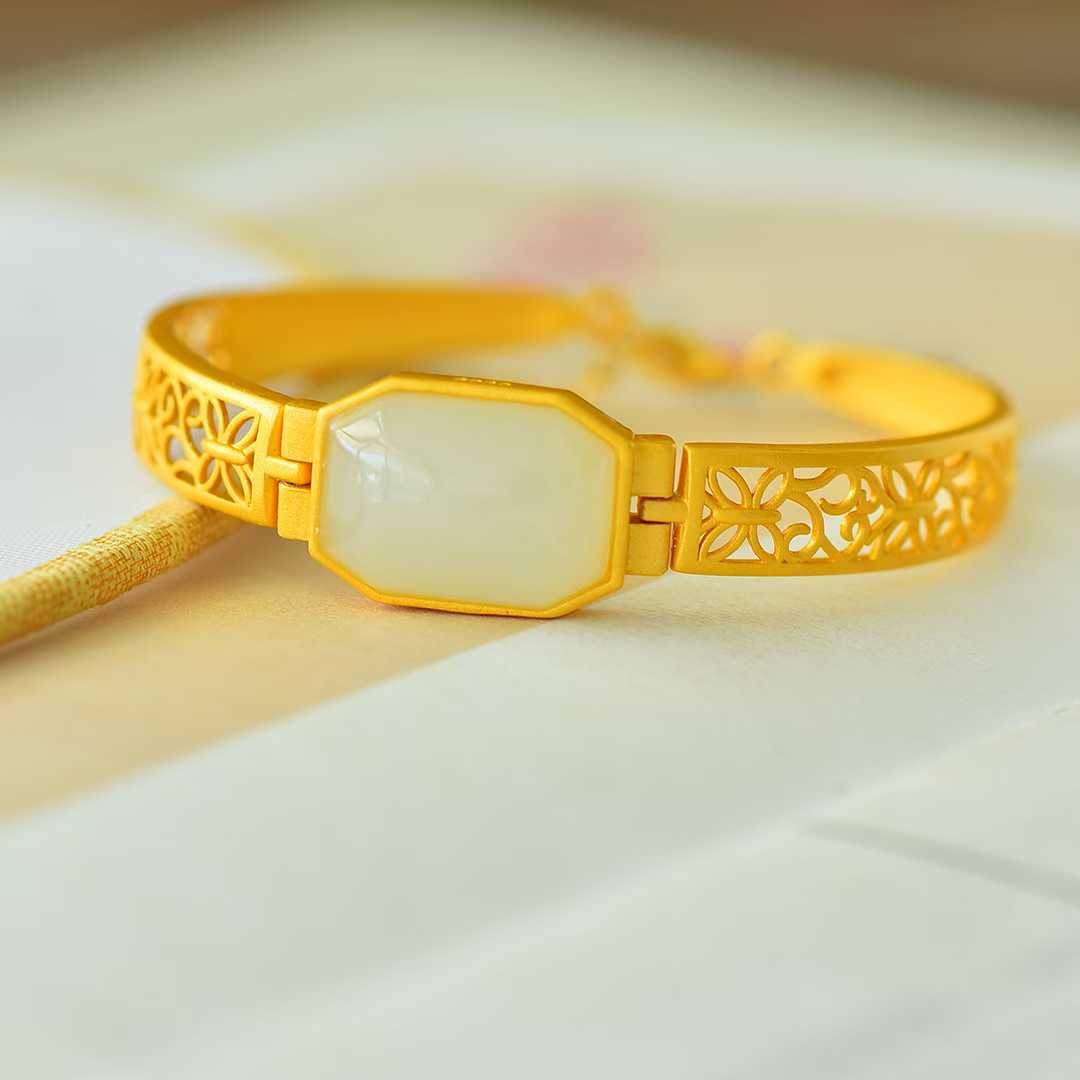 925 Silver Inlaid Hetian Nephrite "Hollowed-Out Cabochon" Bracelet