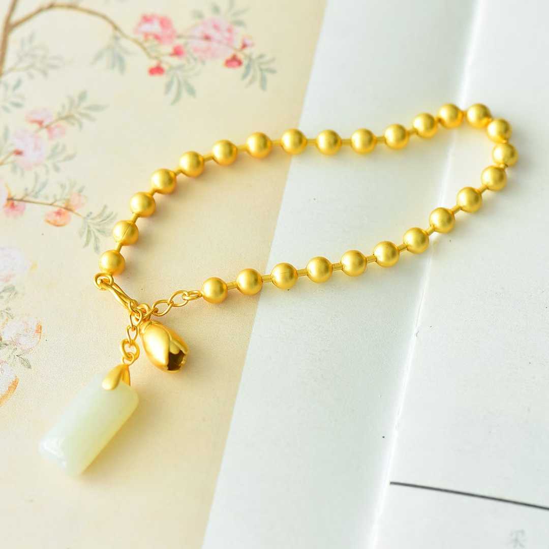 925 Silver-Inlaid Hetian Jade Bracelet with Rectangular Double-Drum & Plain Silver Beads