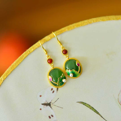 925 Silver Inlaid Hetian Spinach Green Nephrite "Lotus & Harmony" Stud Earrings