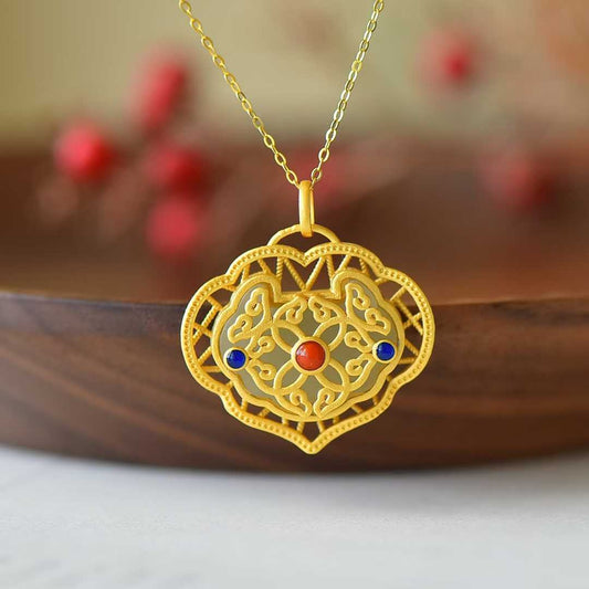 S925 Silver Inlaid Nephrite Double-Sided Lock Pendant