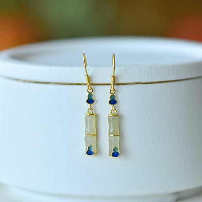 925 Silver Inlaid Hetian Nephrite "Clear Water Jade, Bamboo Joint & Gourd" Earrings