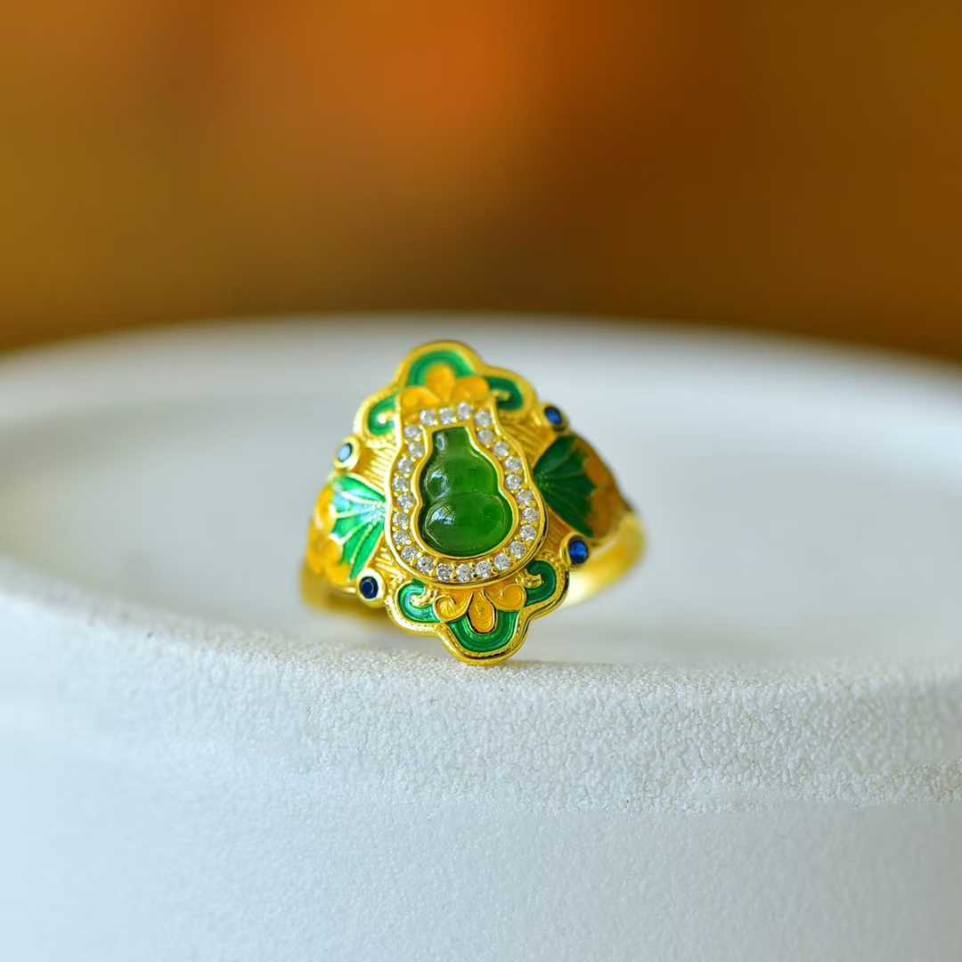 925 Silver Inlaid Hetian Nephrite Gourd "Fortune & Blessing" Ring