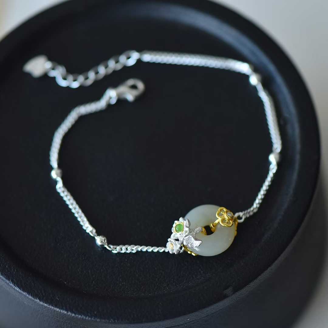 925 Silver Inlaid Hetian Nephrite "June Lotus (Twelve Flower Gods)" Jewelry Set