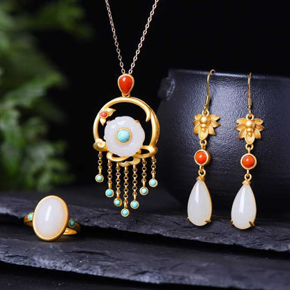 925 Silver Inlaid Hetian Jade and Enamel Set