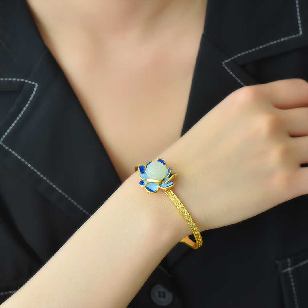 925 Silver Inlaid Hetian Nephrite "Lotus Beads & Endless Luck" Enamel Bracelet