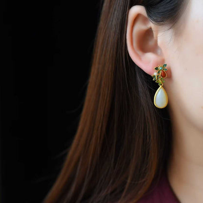 925 Silver Inlaid Hetian Jade Teardrop Enamel Earrings