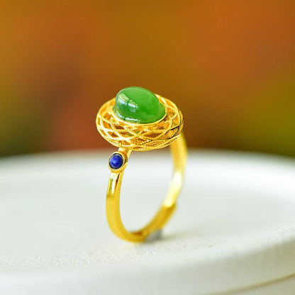 925 Silver Inlaid Hetian Spinach Green Nephrite Filigree-Wrapped Ring
