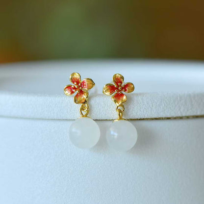 925 Silver Inlaid White Jade Bead "Peach Blossom" Earrings