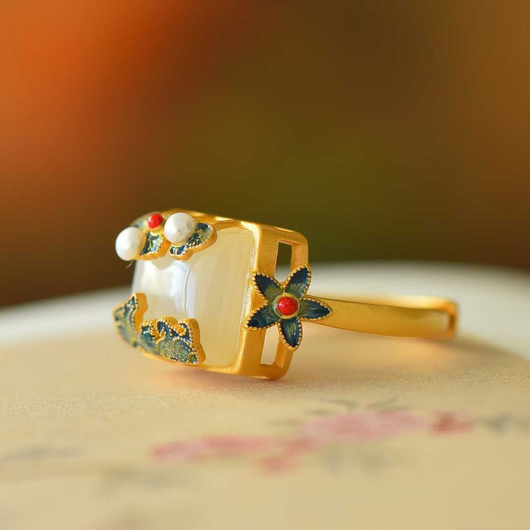 925 Silver Inlaid White Hetian Nephrite "Square Auspicious Clouds & Radiance" Enamel Ring