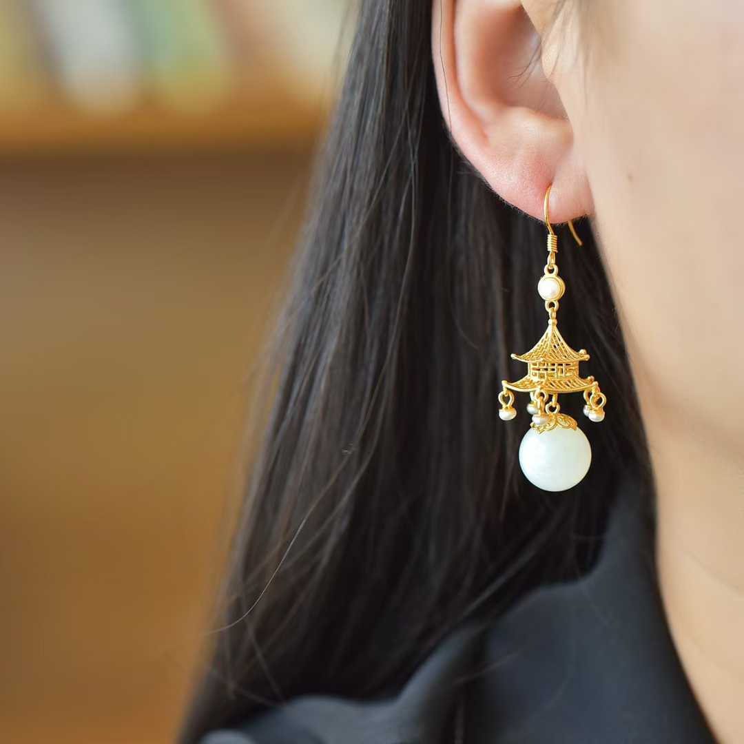 S925 Silver Inlaid Nephrite "Palace of Jade" Palace Lantern Earrings