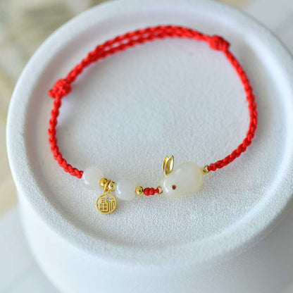 925 Silver Inlaid Hetian Nephrite "Rabbit & Red Cord - Multi-Gem & Multi-Blessings" Jewelry Set