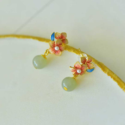 925 Silver Inlaid Hetian Nephrite "Ethereal Peach Blossom" Earrings