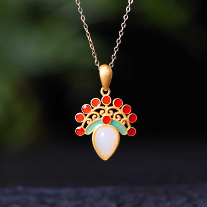 Hetian jade and silver jewelry set featuring traditional Chinese gourd and magpie auspicious motif