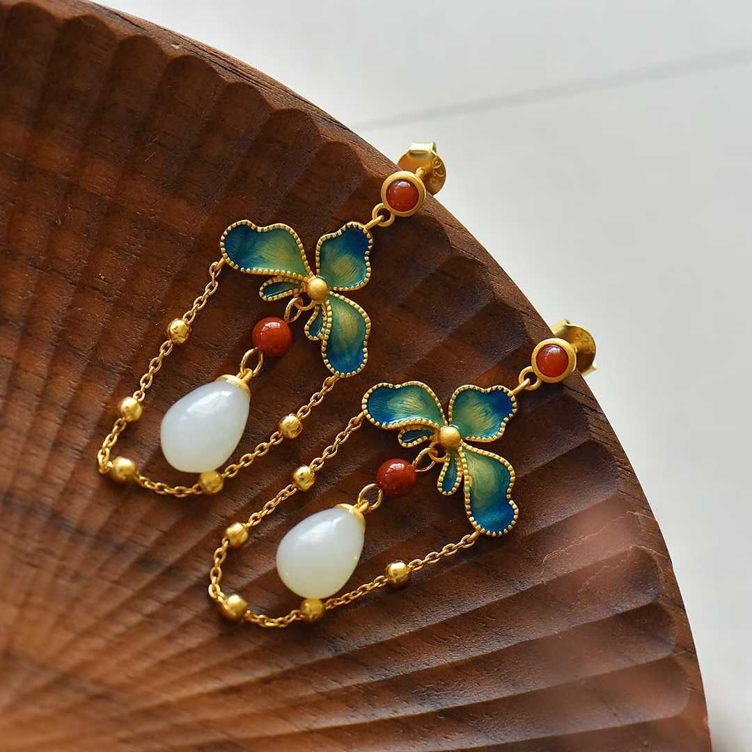 925 Silver Inlaid Hetian Nephrite "Lotus, Blessing, Longevity & Ruyi" Enamel Tassel Earrings