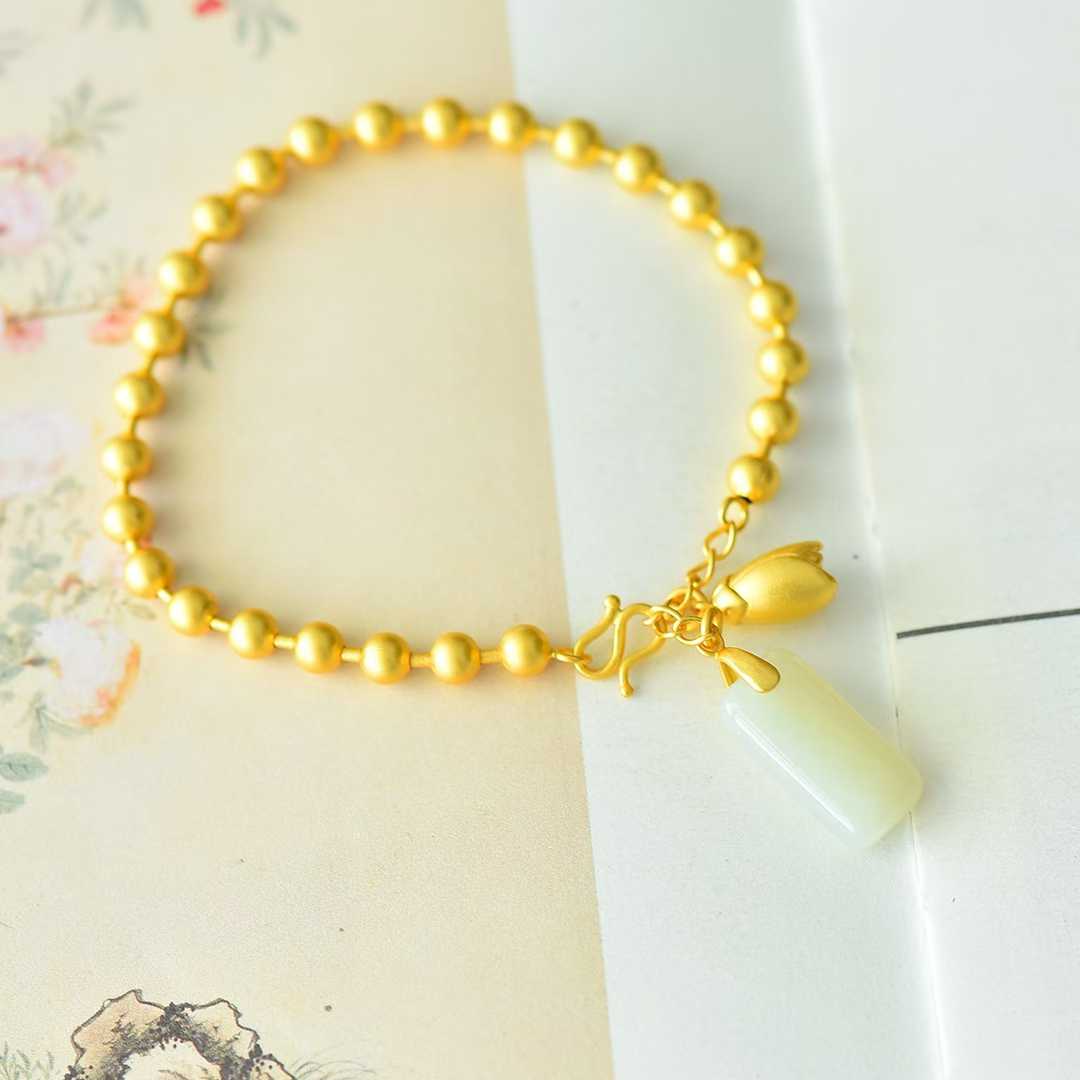 925 Silver-Inlaid Hetian Jade Bracelet with Rectangular Double-Drum & Plain Silver Beads