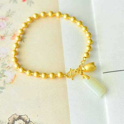 925 Silver-Inlaid Hetian Jade Bracelet with Rectangular Double-Drum & Plain Silver Beads