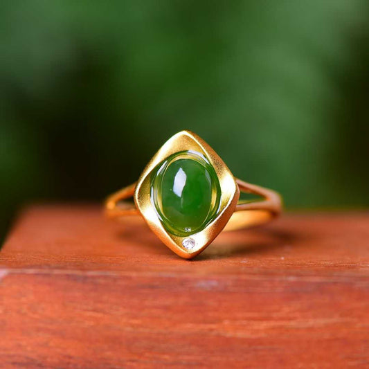 925 Sterling Silver Inlaid Hetian Jade with Thick Brushed Gold Small Ruyi Green Jade Ring