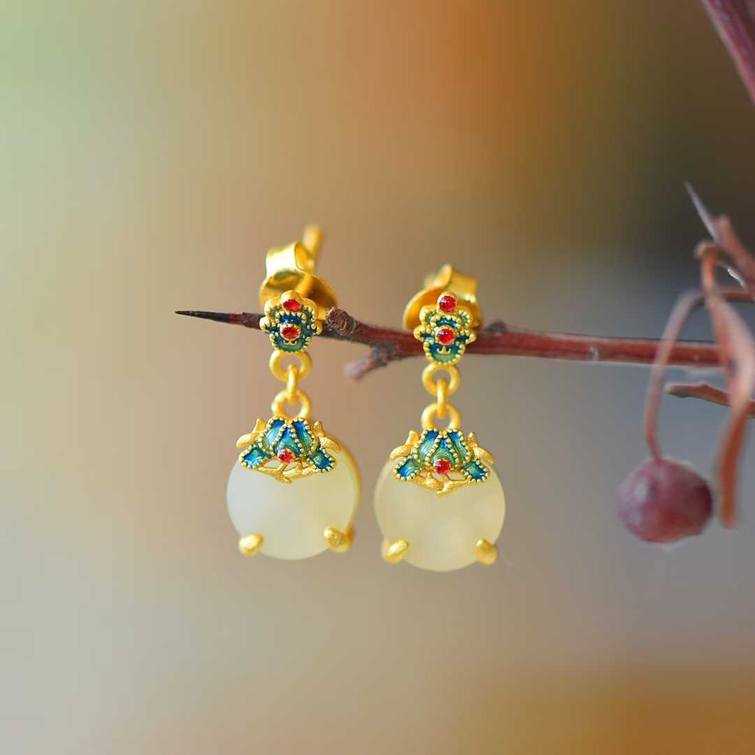 Ancient-Style Silver & Hetian Nephrite Flat Orchid Jewelry Set