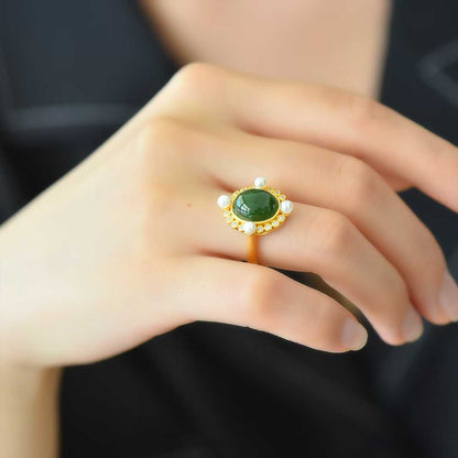 925 Silver Inlaid Hetian Nephrite Roman Dial Ring