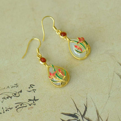 925 Silver Inlaid Nephrite "Harmonious Beauty" Teardrop Earrings