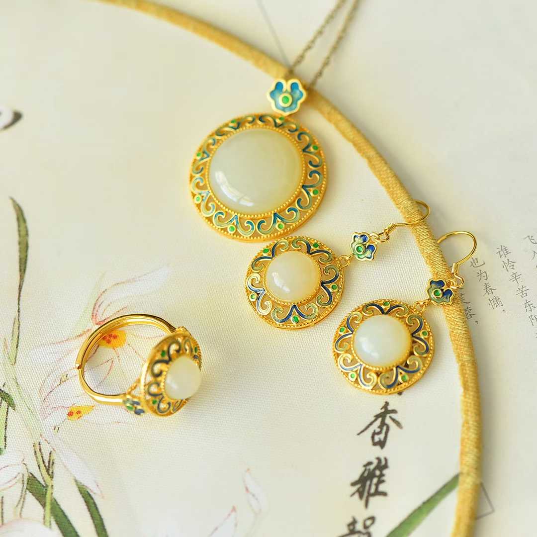 925 Silver Inlaid Hetian Nephrite "Endless Blessings" Jewelry Set