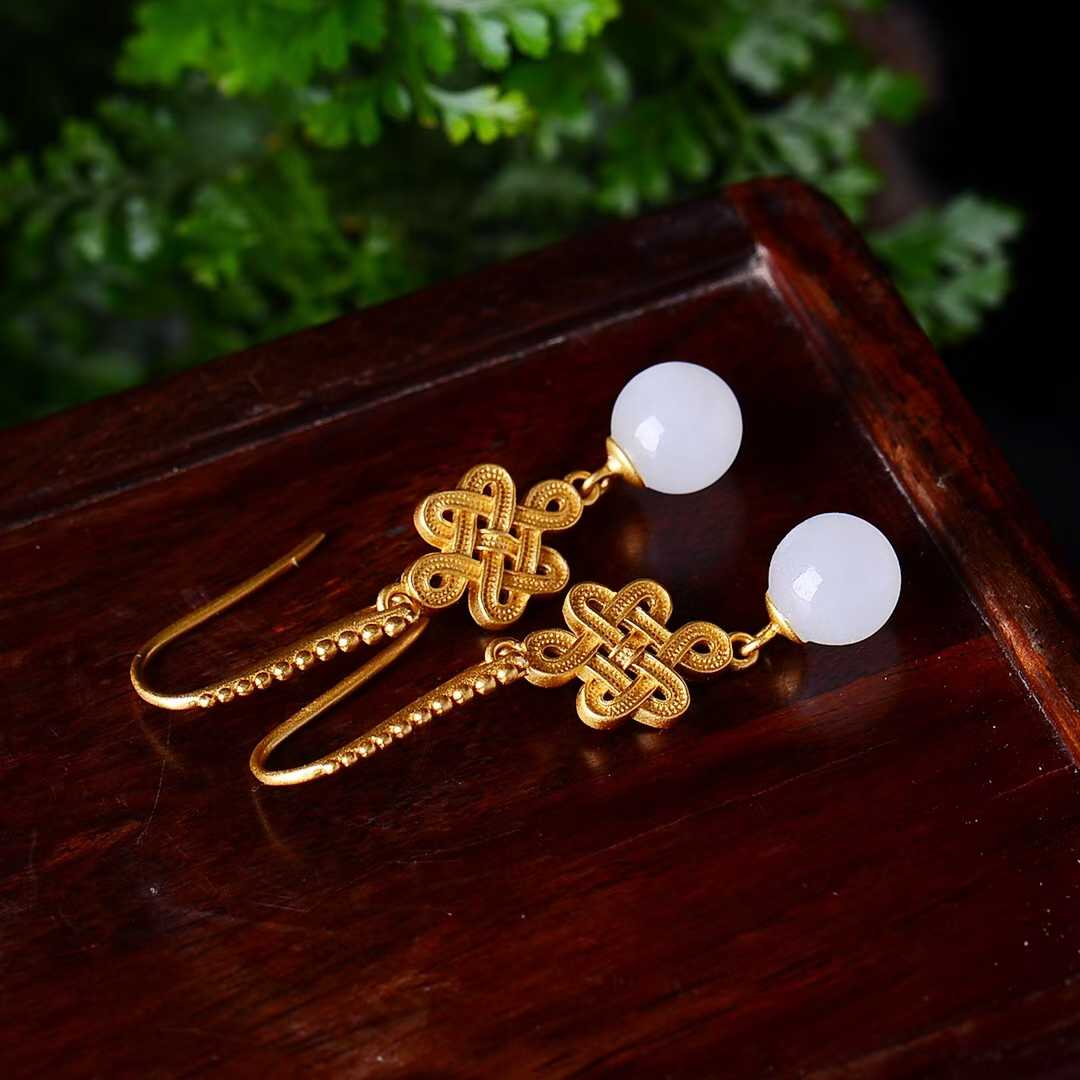 925 Silver Inlaid Nephrite Thick Matte Gold Earrings