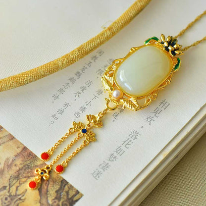 925 Silver Inlaid Hetian Nephrite "Year of Abundance (Fish) & Tassel" Pendant