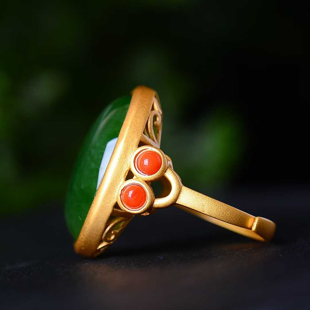 925 Silver Inlaid Nephrite Green Jade Cabochon Matte Gold Ring