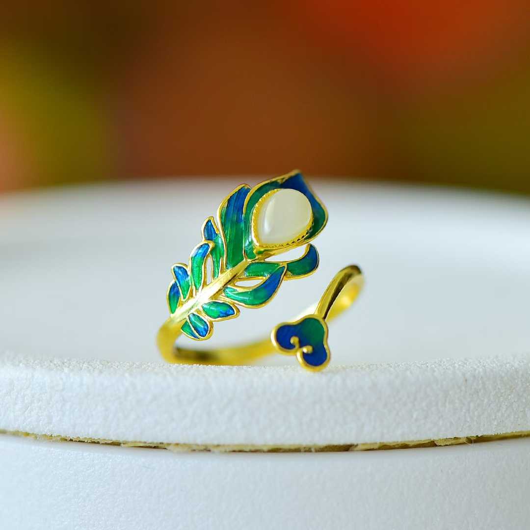 S925 Silver Inlaid Nephrite "Golden Branch Jade Leaf" Enamel Ring